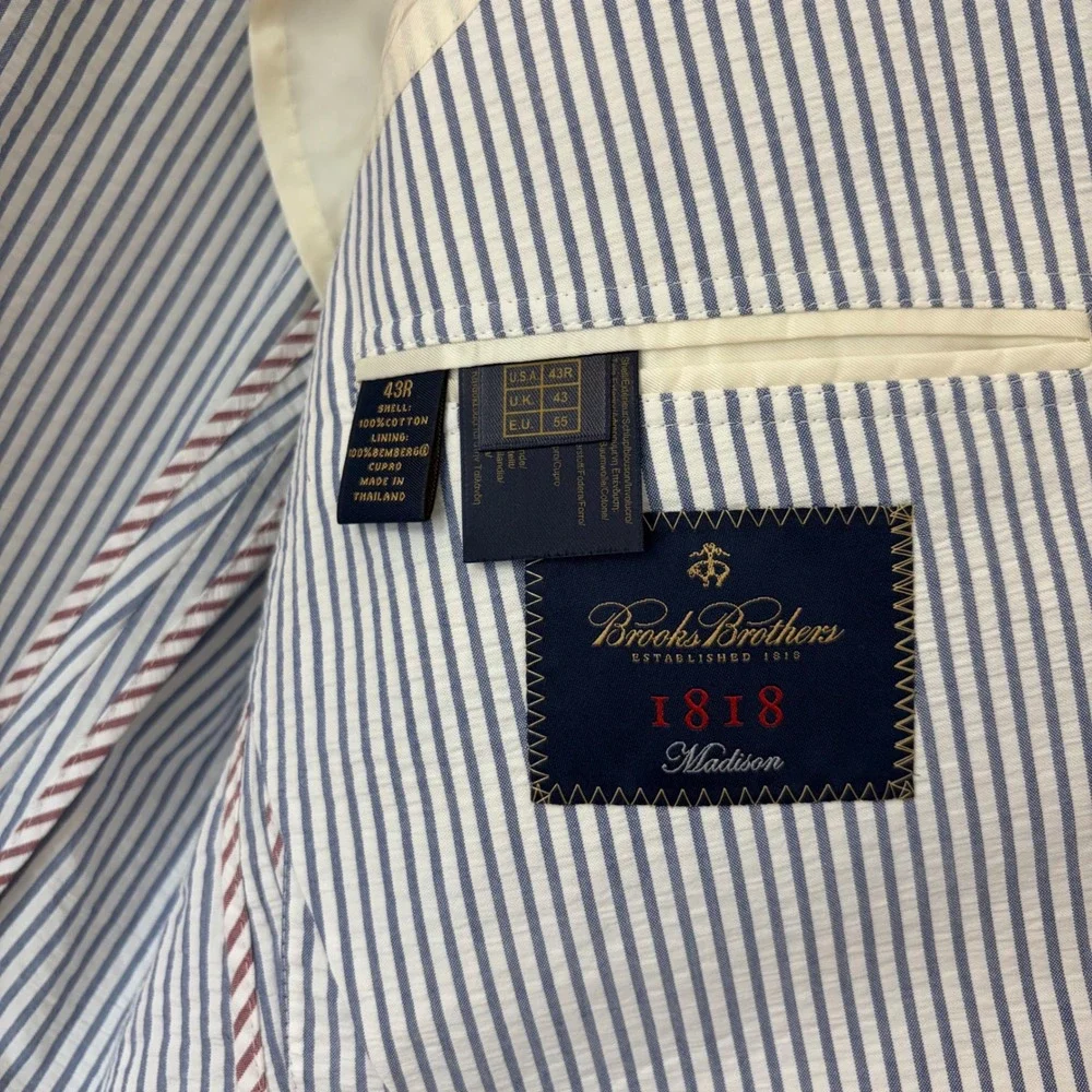 Brooks Brothers Sport Coat Mens 43R Blue White Seersucker Madison 1818 Blazer